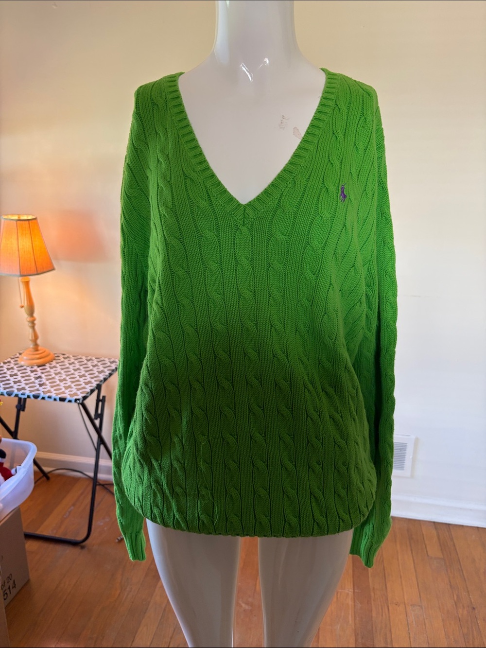 Ralph Lauren V-Neck Cable Knit Sweater in Bright Green